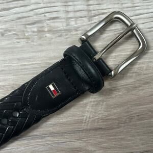 Tommy Hilfiger Black Woven Leather Belt Size 34 Polished Silver Buckle 40” Long
